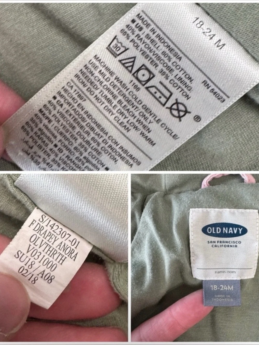 18-24M Old Navy Sage Green Drapey Anorak Hooded Parka Jacket Coat Baby Girl